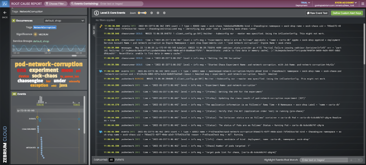 Dashboard in Zebrium shows specific log lines tied to incident.